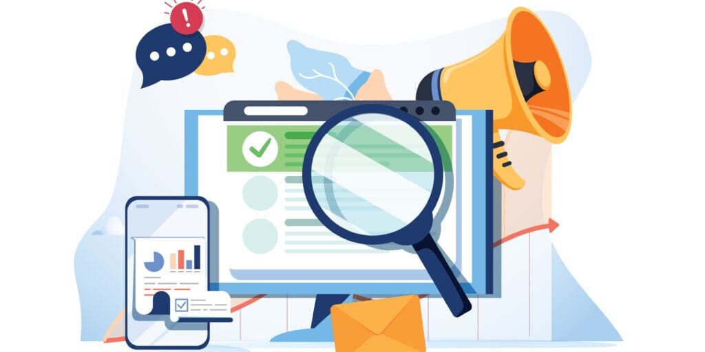 Search result optimization SEO marketing analytics flat vector banner with icons. SEO performance, targeting and monitoring, search results website templates. Modern website concept business solutions