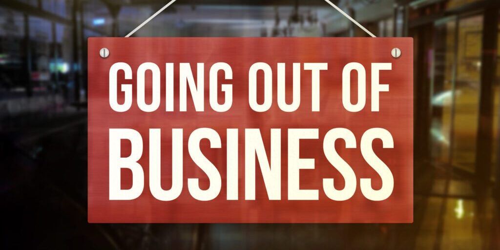 Going out of Business sign of a restaurant, cafe bar, or pub. Concept of indefinite closure, suspension, bankruptcy or going out of business.