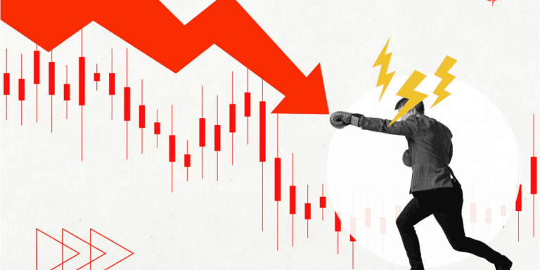 A boxer in a business suit punches a downward trend line.