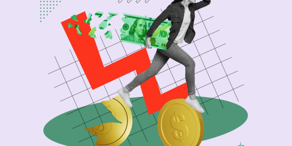 Collage showing a shopper carrying a hundred dollar bill with a dropping graph line behind her