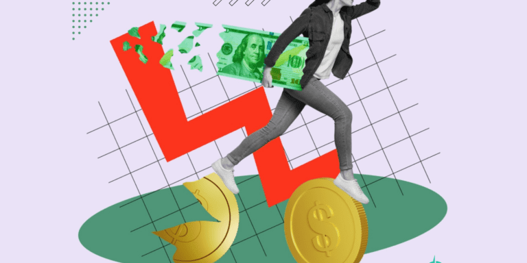 Collage showing a shopper carrying a hundred dollar bill with a dropping graph line behind her